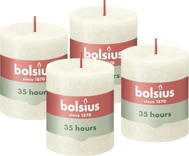 Свічки Bolsius Rustic Pillar - Оливково-зелені - Набір з 4 шт. - Декоративні побутові свічки - Час горіння 60 годин - Без запаху - Натуральний рослинний віск - Без пальмової олії - Оливково-зелені (8 x 7 см, колір слонової кістки)