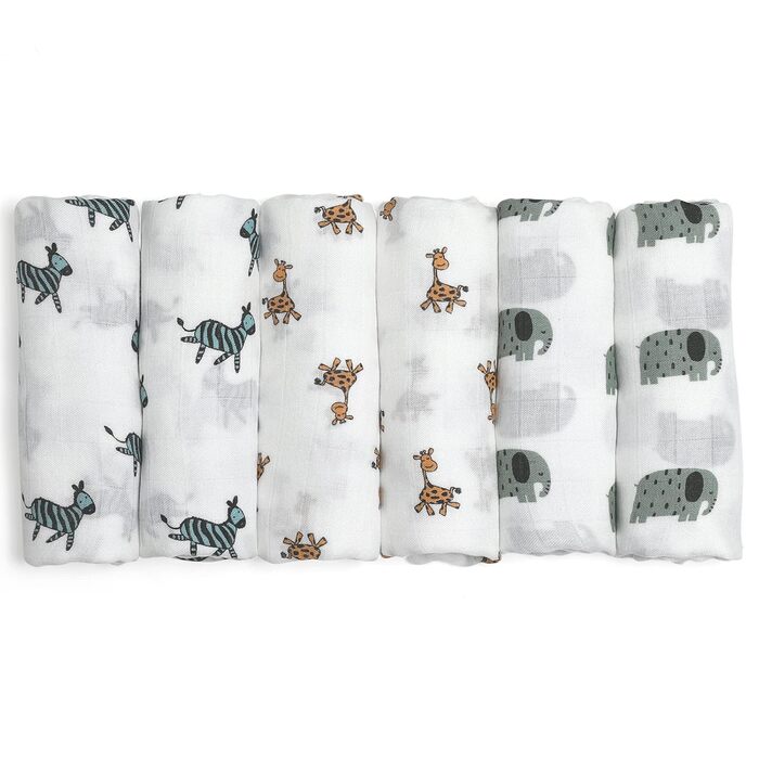 Муслінові серветки GLLQUEN для немовлят, 6 шт. бавовняних серветок для відрижки, 70 см x 70 см, абсорбуючі та дихаючі, ідеально підходять для очищення, витирання та покриття новонароджених (тваринки, 6 шт.)