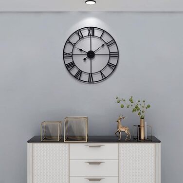 Великий вінтажний круглий металевий настінний годинник безшумний нецокаючий на батарейках 40 см 16 дюймів римські цифри годинники для вітальні, спальні, кухні настінний годинник прикраса (чорний, 47 см)