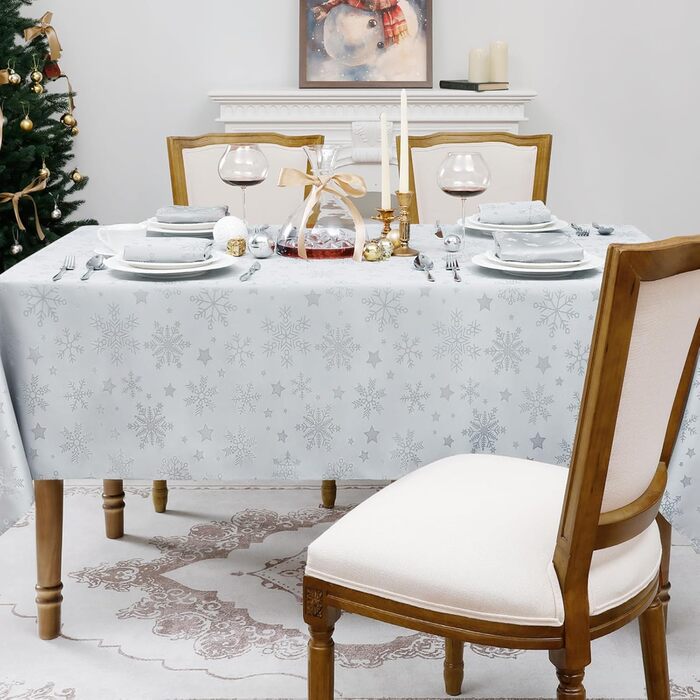 Велика різдвяна скатертина Romanstile, яку можна прати та вона водовідштовхувальна, жакардові зірки та сніжинки, квадратна скатертина XXL для зими, різдвяної прикраси, вечірки, Різдва (85 x 85 см, срібляста)