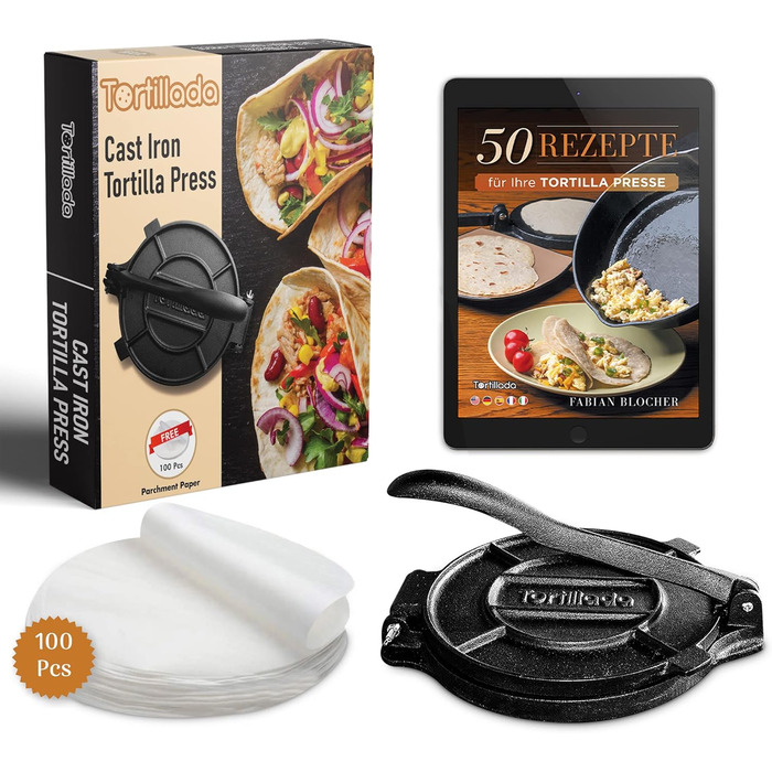 Тортильлада чавунний прес для тортильї електронна книга з 50 рецептами тортильї 100 x пергаментний папір (20 см) (25 см) Vialex