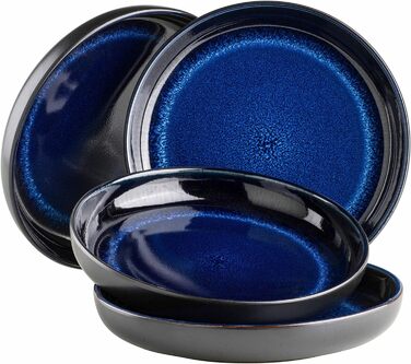 Сучасний набір для 4 осіб у захоплюючому вінтажному образі, великі плоскі обідні тарілки з кераміки, керамограніту, сірого/чорного кольору (супові тарілки, синій/чорний)