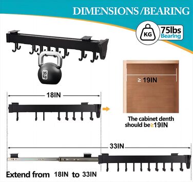 Підвісна підставка для каструль з гачками - регульований кухонний органайзер для каструль та сковорідок, розсувна рейкова полиця, вантажопідйомність 34 кг (18,1 дюйма/46 см, чорний)