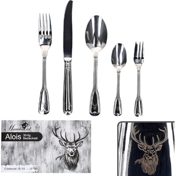Повний набір столових приборів MamboCat Alois із 30 предметів I для 6 осіб I Аугсбурзька нитка з малюнком оленя I зроблена з стійкої до іржі полірованої нержавіючої сталі 18/10 і сталевого леза I Вилка, ніж і ложка