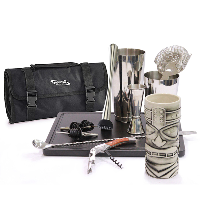 Набор бармена с сумкой, 12 предметов, сатинированная сталь, GenWare + ПОДАРОК бокал TIKI
