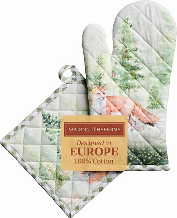 Рукавички для духовки Maison d&39 Hermine, Прихватки для каструль, 100 бавовна, термостійкі кухонні рукавички, рукавички для духовки (19 x 33 см) та прихватки для каструль (20 x 20 см) для приготування їжі, Morzine - Рукавички для духовки (19 x 33 см) та 