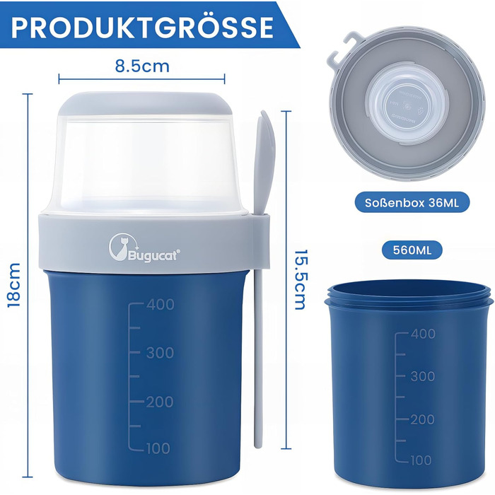 Стаканчик для хлопьев 870 мл с ложкой, синий Bugucat