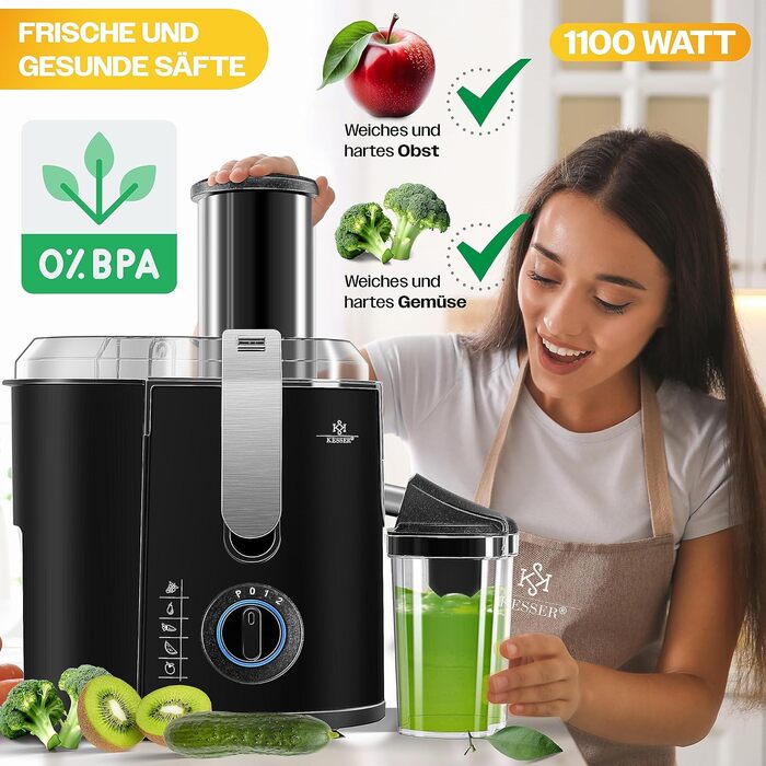 Соковижималка KESSER для фруктів та овочів з нержавіючої сталі 1100 Вт великий завантажувальний отвір 85 мм з щіткою для чищення та контейнером для соку 3 режими швидкості, соковижималка, сріблястий (чорний / сріблястий)