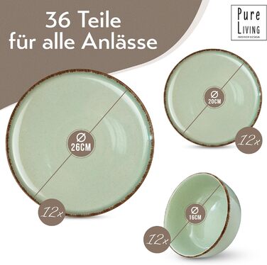 Набір посуду з керамограніту 6 персон Рустик 24 шт. - Набір посуду в сільському стилі, можна мити в посудомийній машині - Набір мисок і тарілок - Чистий живий посуд (набір 36 предметів, м'ятно-зелений)