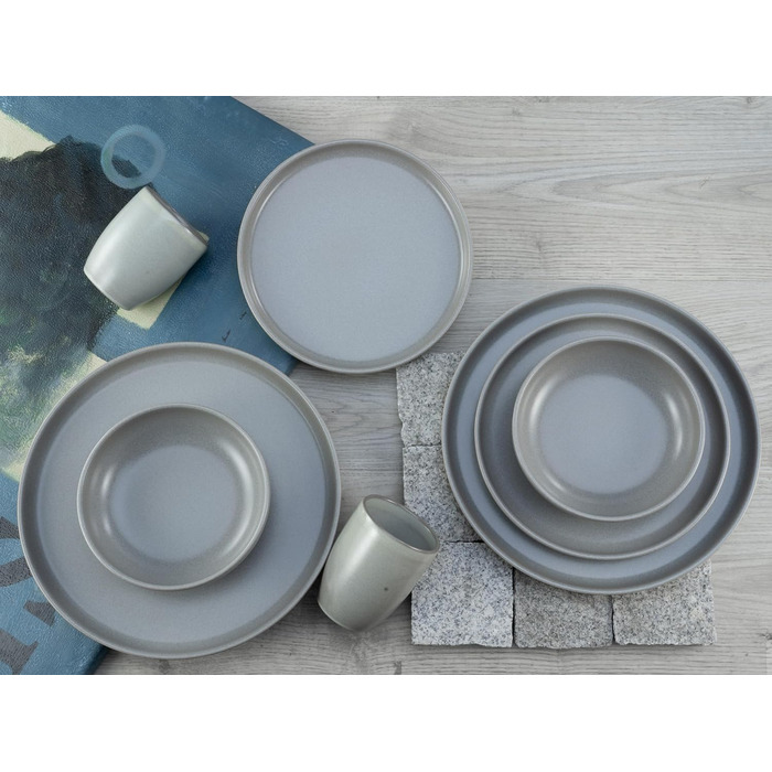 Набір посуду серії Uno з 16 предметів, комбінований набір з керамограніту (сірий, комбінований набір із 16 предметів), 22978