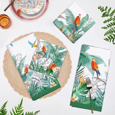 Кухонні рушники, бавовна, 4 упаковки, кухонні рушники, 100 бавовна. Осінній набір кухонних рушників. Багатоцільовий високоякісний набір кухонних рушників для сушіння. Рушники для кухонних рушників 50 x 70 см (тропічні рослини, квіти та птахи)