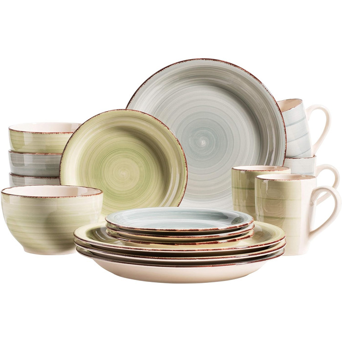 Набор винтажной посуды из 16 предметов на 4 персоны, керамическая роспись ручной росписи, красочный, керамогранит, (дымчато-синий/зеленый), 931499 Bel Tempo II