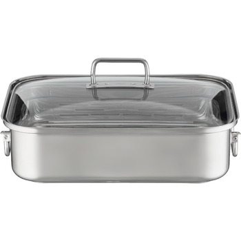Форма для запікання RSLE EXPERTISO, універсальна ємність для приготування їжі з нержавіючої сталі 18/10, скляна кришка, внутрішня вага, підходить для індукційних плит, можна мити в посудомийній машині, срібляста (38 x 28 см, прямокутна форма для запікання