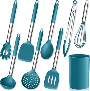 Набор кухонных гаджетов Herogo, 9 предметов силиконовой кухонной утвари, набор кухонных столовых приборов с держателем для посуды, набор шпателей для кухонной утвари с ручкой из нержавеющей стали, термостойкий и антипригарный (синий)