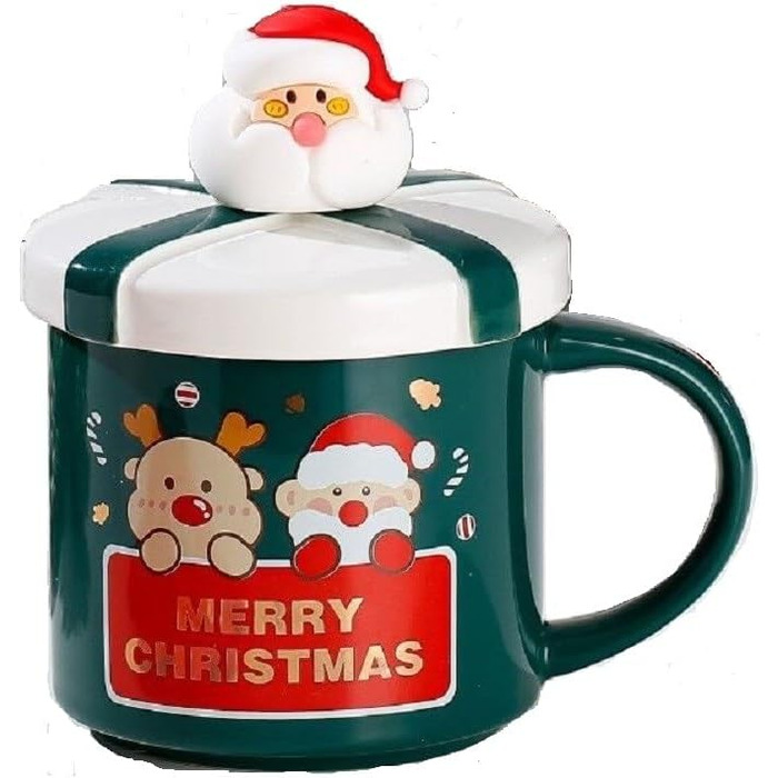Рождественская кружка 400 мл с крышкой и ложкой, зеленая с принтом Санты с оленем SuperglockT