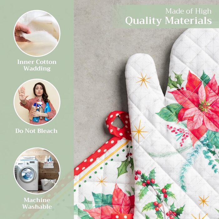 Рукавички для духовки Maison d&39 Hermine, Прихватки для каструль, 100 бавовна, термостійкі кухонні рукавички, рукавички для духовки (19 x 33 см) та прихватки для каструль (20 x 20 см) для приготування їжі, Morzine - Рукавички для духовки (19 x 33 см) та 