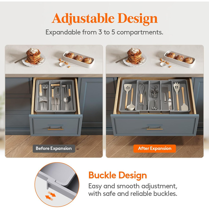 Органайзер для столових приборів 57 х 38 см для шухляд , 5 відділень, сірий Lifewit