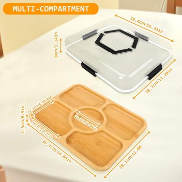 Коробка для снеків Clyfanesy з 6 відділеннями, розділений дерев&39яний піднос з кришкою та ручкою, портативний органайзер для коробки для снеків, практичний піднос для дивана, герметичний органайзер для тарілок для снеків та горіхів, 6 відділень (5 відділ