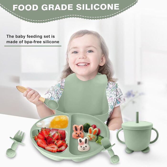 Набір дитячого столового посуду, набір дитячого столового посуду з 12 предметів, дитяча ложка, чашка для пиття, силіконовий нагрудник, дитяча тарілка, дитяча тарілка з присоскою, набір столових приборів для відлучення дитини, без бісфенолу А, можна мити в