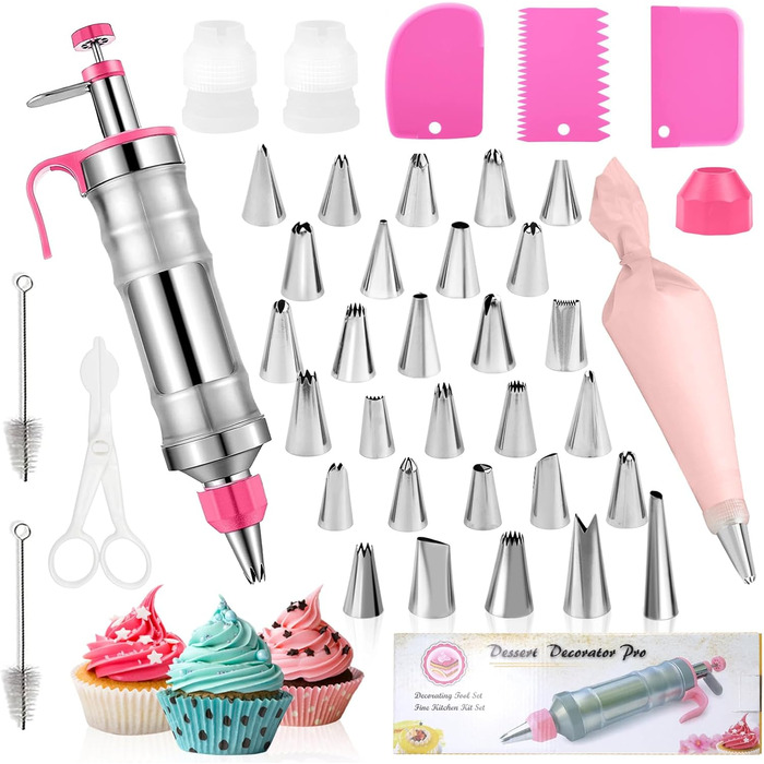 Шприц кондитерський з насадками для декору тортів і кексів, рожевий Erzekrim