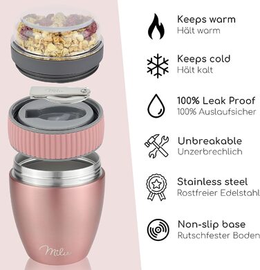 Стаканчик для пластівців Milu 400 мл з назвою MsliMax для йогурту Стаканчик для пластівців, що не протікає, з ложкою (рожеве золото, нержавіюча сталь)