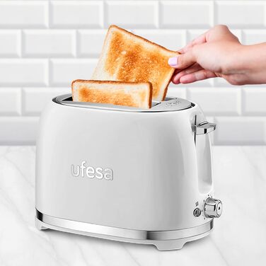 Тостер Ufesa 2 скибочки білий ретро класичний пінап, вінтажний дизайн, 850 Вт, бутербродниця з 2 дуже широкими слотами, для всіх видів хліба, 7 ступенів підрум'янювання, збірник кабелю, лоток для крихт