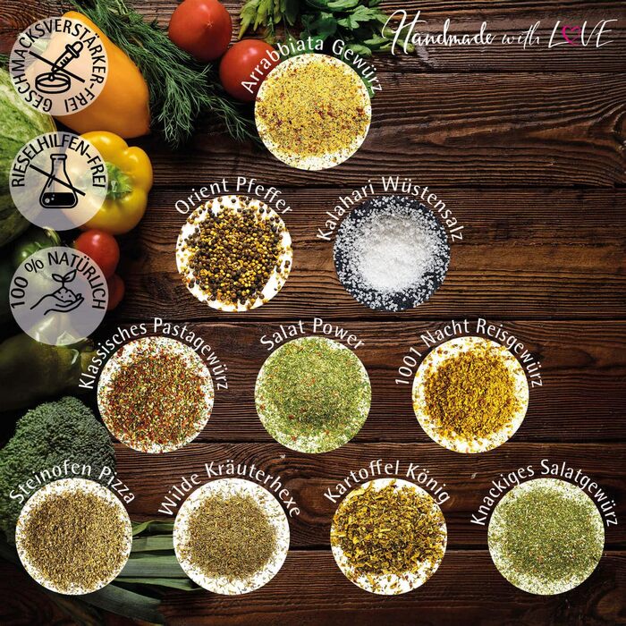 Класичний набір спецій Hallingers - 1 - Подарунковий набір спецій ручної роботи, 12 спецій з усього світу (Набір) - Літній подарунок та ідеальний подарунок для барбекю Подарунок для нової домівки &quotВітання та дружба&quot Класичні спеції., 12 спецій (73