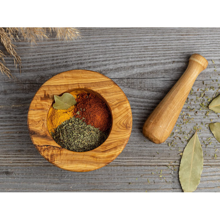 Оливковая ступка и набор пестиков - Ступка - Деревянная ступка - Экологичная ступка для трав и специй Диаметр ок. 12 см (в расплющенном виде Ø 14 см)