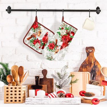 Набір з 2 кухонних рукавичок та тримача для каструлі Arquiel Gnome Autumn Orange Checked, 100 бавовняні кулінарні рукавички, термостійкі кухонні рукавички для приготування їжі, осінній декор, подарунки для жінок (різдвяна червона пташка, духовка тримач дл