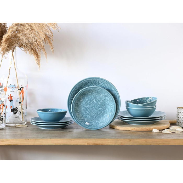 Серія Набір посуду Orient Mandala з 18 предметів, набір порцелянових тарілок (набір тарілок 12 предметів, аквамарин), 21627