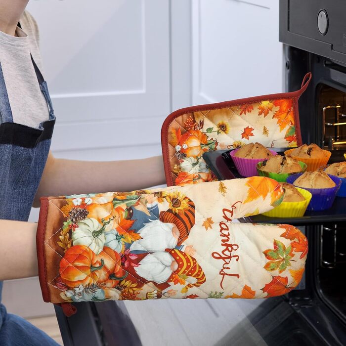 Набір з 2 кухонних рукавиць та підставок для каструль Arquiel Gnome Autumn Orange Checked, 100 бавовняні кулінарні рукавички, термостійкі кухонні рукавички для приготування їжі, осінній декор, подарунки для жінок (осінній гном, духовка*2 підставка для кас