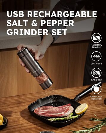 Млин для солі та перцю електричний з підзарядкою від USB, набір 2 предмети, металік FORLIM