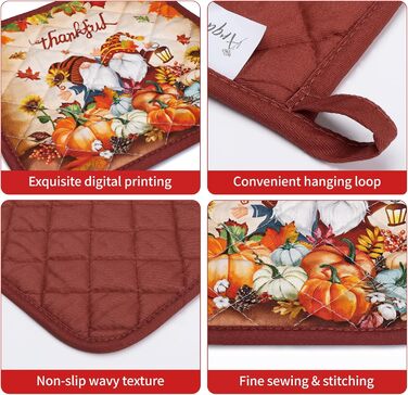 Набір з 2 кухонних рукавиць та підставок для каструль Arquiel Gnome Autumn Orange Checked, 100 бавовняні кулінарні рукавички, термостійкі кухонні рукавички для приготування їжі, осінній декор, подарунки для жінок (осінній гном, духовка*2 підставка для кас