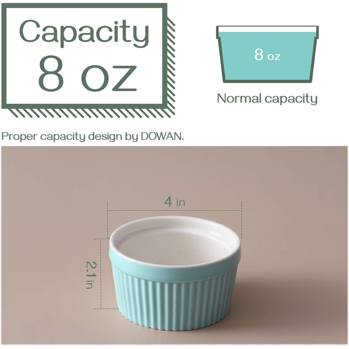 Набор крем-брюле DOWAN, 6 фарфоровых чашек для суфле с антипригарным покрытием, миски для крем-брюле для вкусного приправленного мяса, миски для рагу, духовка, микроволновая печь, можно мыть в посудомоечной машине, Ø10 см (235 мл, синий)