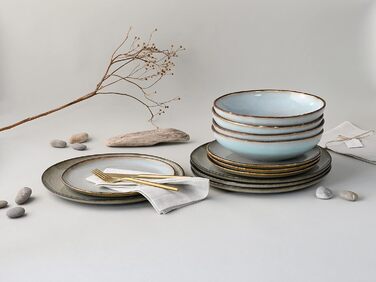 Серія Stone, набір посуду на 8 персон, сервіз з кам'яного посуду, можливість миття в посудомийній машині та мікрохвильовій печі, зроблено в Португалії (сервіз на 12 персон, сіро-зелений), 14437