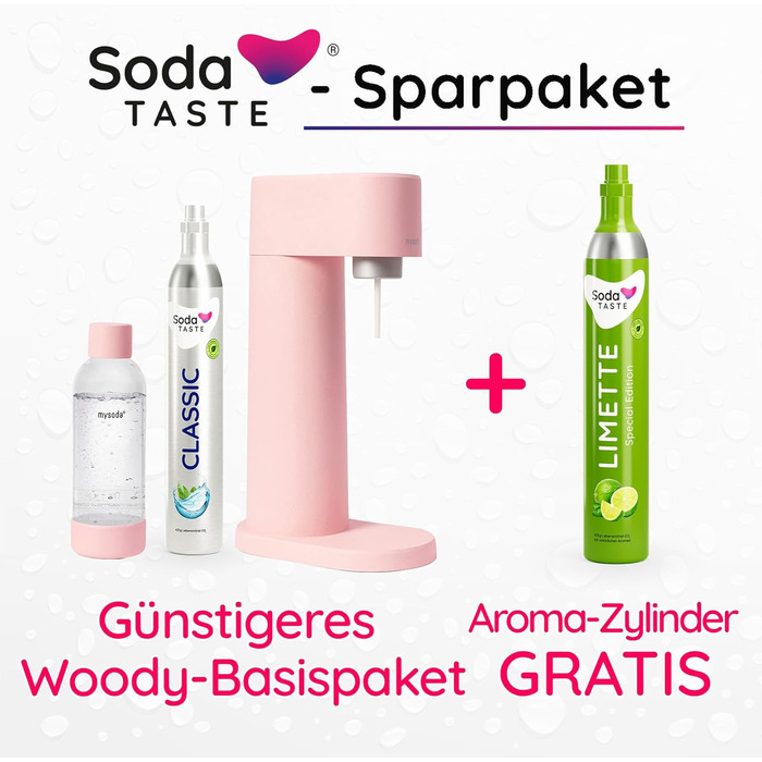 Набір для газування води, 4 предмети, класик + лайм, рожевий Mysoda Woody SodaTASTE