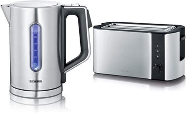Цифровий чайник SEVERIN з потужністю швидкого кип'ятіння та індивідуальним вибором температури, об'єм наповнення 1,7 л XXL, матова нержавіюча сталь / чорний, 3000 Вт, 100 без бісфенолу А, WK 3418 (комплект з тостером 2 камери з поздовжніми щілинами)