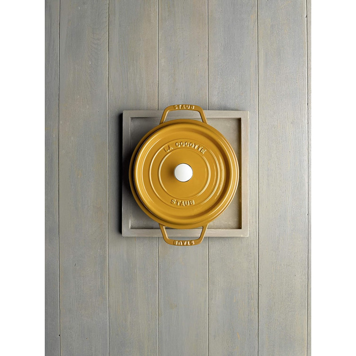 Чавунна каструля/кокотниця STAUB, кругла, 8,35 л, функція Ароматичний дощ для оптимального зволоження, для всіх типів варильних поверхонь, включаючи індукційні та духові шафи, (гірчично-жовтий, 20 см)