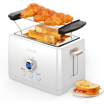 Тостер на 2 скибочки, тостер ZACHVO з підігрівом булочок, 6 рівнів підрум&39янювання, 850 Вт, знімний піддон для крихт, світлодіодний екран, високий підйом, розігрів, розморожування, функція скасування