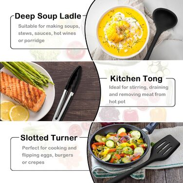 Силиконовый Набор Кухонных Гаджетов, 30 Предметов Кухонная Утварь С Держателем, Термостойкий Набор Кухонных Инструментов Для Антипригарной Посуды Сковороды, Шпатели, Щипцы 10 Крючков, Сейф Для Посудомоечной Машины - Черный