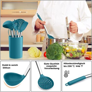 Набор кухонных гаджетов Herogo, 9 предметов силиконовой кухонной утвари, набор кухонных столовых приборов с держателем для посуды, набор шпателей для кухонной утвари с ручкой из нержавеющей стали, термостойкий и антипригарный (синий)