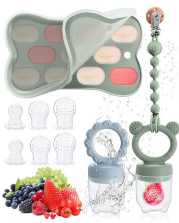 Фруктова пустушка для малюків від 3, 4, 5 та 6 місяців, 2 упаковки дитячої годівниці для фруктового харчування та контейнера для зберігання дитячого харчування, ланцюжок для пустушки та 6 силіконових сосків 3 розмірів, фруктова пустушка для малюків (зелен