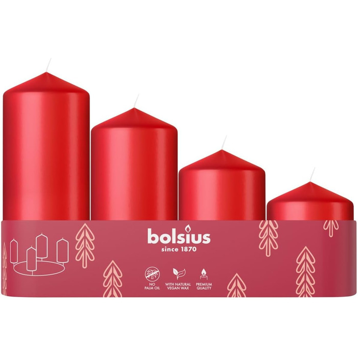 Свічки Bolsius Smooth Pillar - Набір з 4 шт. - Різні розміри - Декоративні побутові свічки - Тривалий час горіння - Без запаху - З натуральним рослинним воском - Без пальмової олії - Різні розміри (червоні, різні розміри)