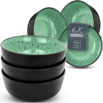 Керамогранітні глибокі тарілки ТЕСТ ДУЖЕ ХОРОШИЙ Серія Ibiza Тарілки для макаронів Noble, тарілки для супу Deep стильні тарілки для пасти 6 персон - Набір посуду 6 персон, обідні тарілки, набір посуду Black with (миски (6x), шавлія зелена), 6 шт.