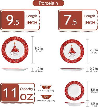 Серія 30-предметний порцеляновий різдвяний набір посуду на 6 осіб, різдвяний кавовий сервіз на 6 обідніх тарілок, 6 десертних тарілок, 6 супових тарілок, 6 кавових чашок та 6 блюдець (Christmastree-1, обідній сервіз на 18 предметів)