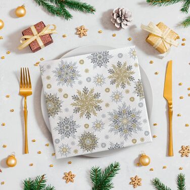 Серветки 3-шарові (33 x 33 см) I 20 шт. I Різнокольорові паперові серветки, ідеальні для різдвяного столу I Серветки - Різдво, зима, зірки, сніг, сніговики I (Срібні сніжинки)