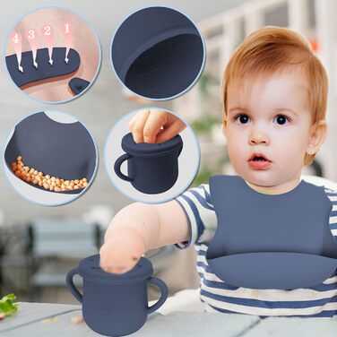 Набір дитячого столового посуду 5 предметів Силіконовий набір дитячого столового посуду Нековзна дитяча тарілка з присоскою Миска Нагрудник Ложка Виделка Набір дитячого харчування для маленьких дівчаток без бісфенолу А, (темно-синій)