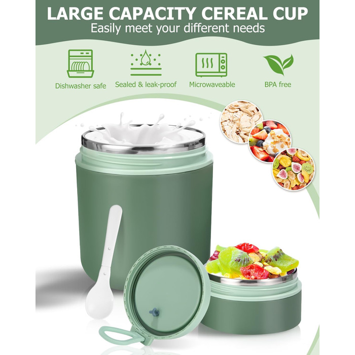 Стаканчик для пластівців 710 мл із складаною ложкою, зелений Nuxory