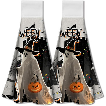 Набір з 2 різдвяних кухонних рушників для підвішування з петлею, рушник з написом Веселого Різдва, мякий абсорбуючий мікрофібровий рушник для підвішування, 31,5 x 34,5 см для домашнього свята (привид Хеллоуїна)