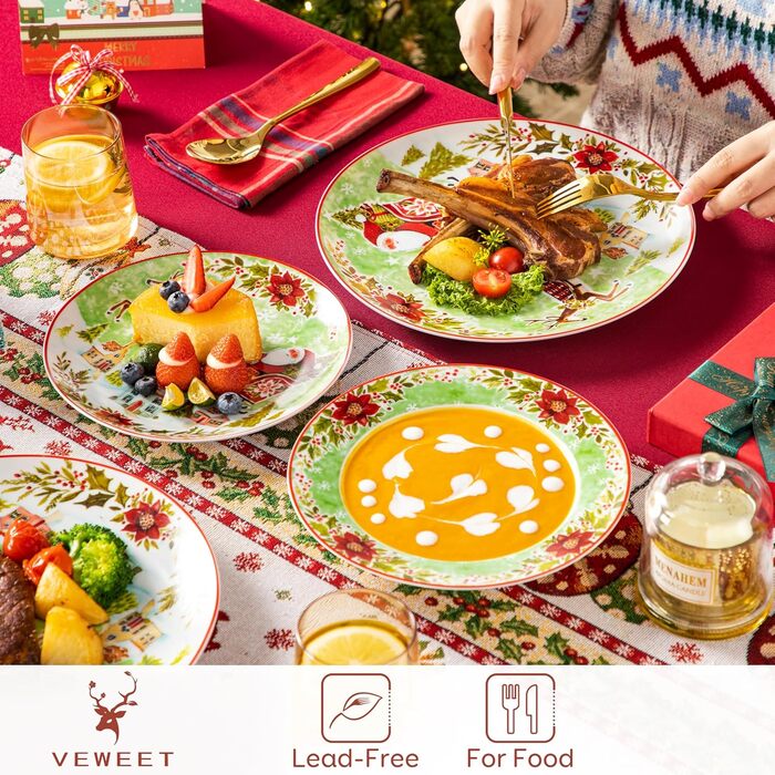 Серія 30-предметний порцеляновий різдвяний набір посуду для 6 осіб, різдвяний кавовий сервіз на 6 обідніх тарілок, 6 десертних тарілок, 6 супових тарілок, 6 кавових чашок та 6 блюдець (Різдвяний, 18-предметний обідній сервіз)